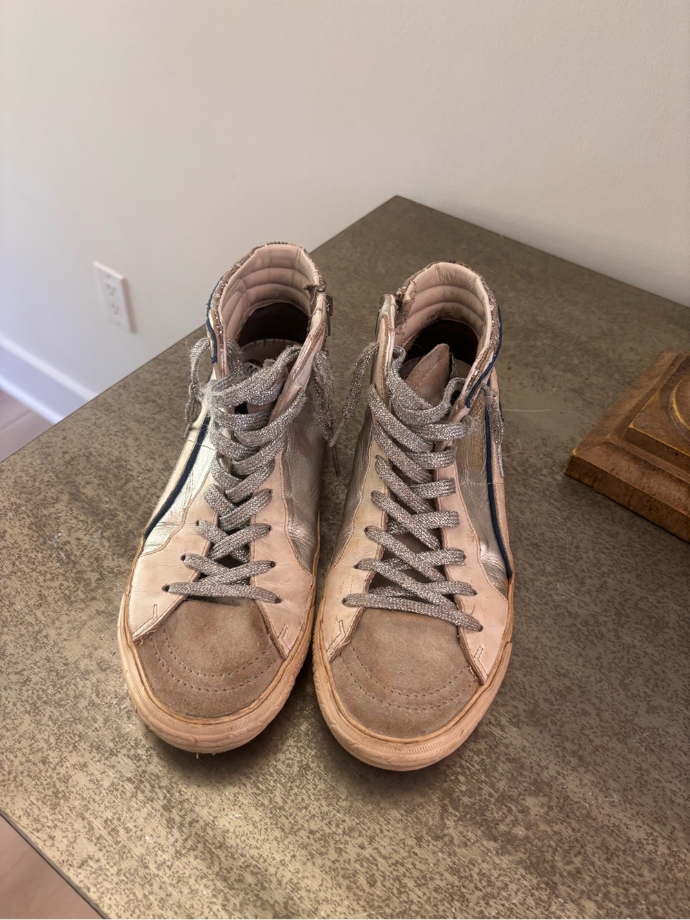 Golden Goose Beige and Navy High-Top Sneakers